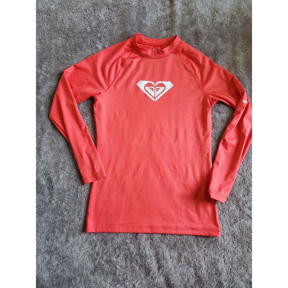 ROXY Long Sleeve Rash Guard Shirt Swim Surf.  Pink White Text Logo Size Girls M